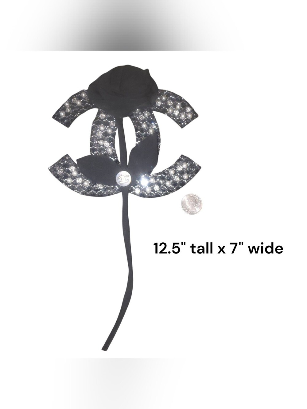 Large Lux Fashion Handcrafted Rhinestone Applique Patch Black w/ Rose Ribbon